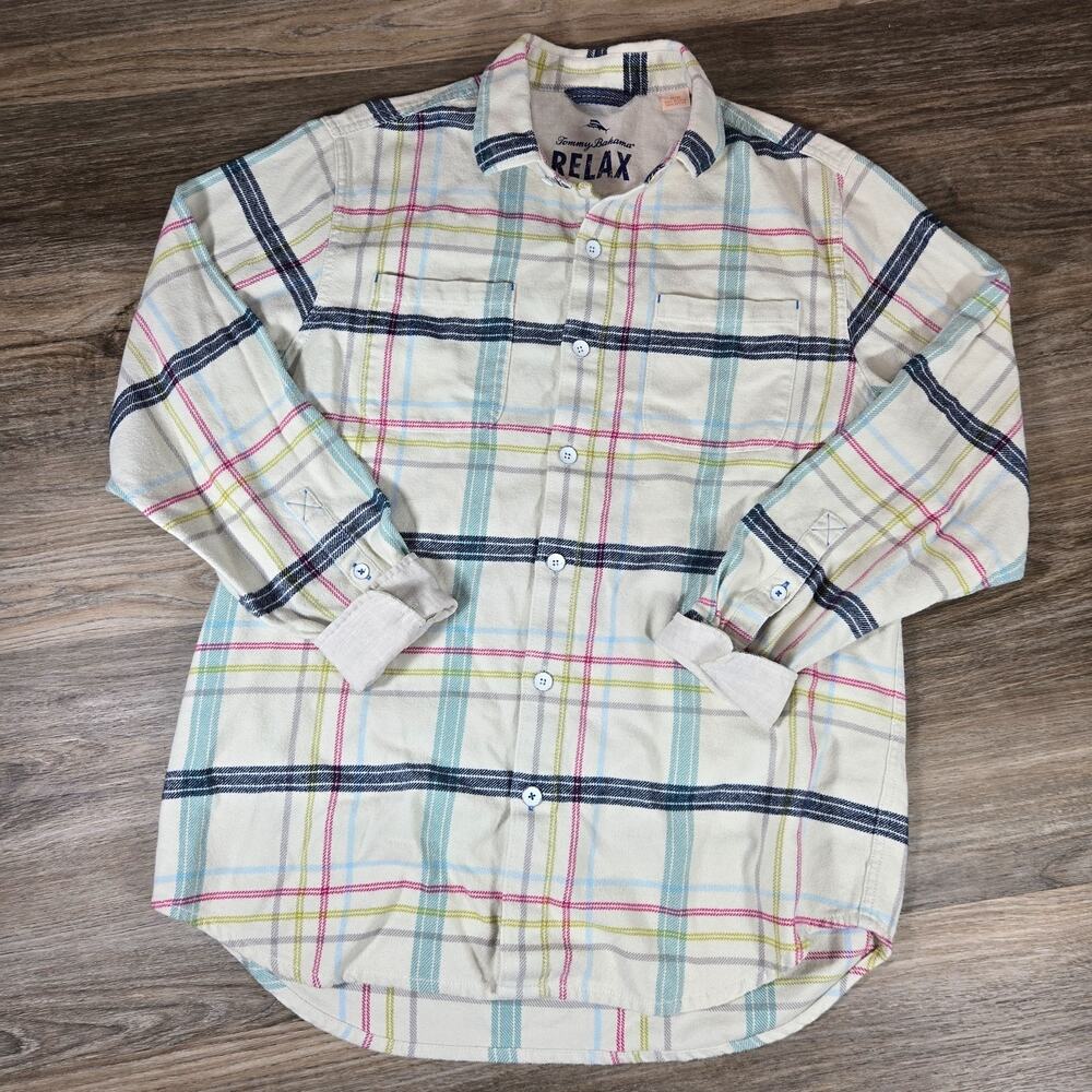Tommy Bahama Relax Flannel Shirt Mens M Eggshell White Pink Plaid Flip Cuff